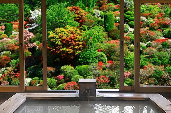 箱根旅館の客室露天風呂と庭園