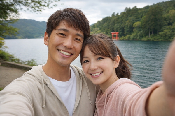 カップルで楽しむ箱根温泉旅行のイメージ（湖の風景）